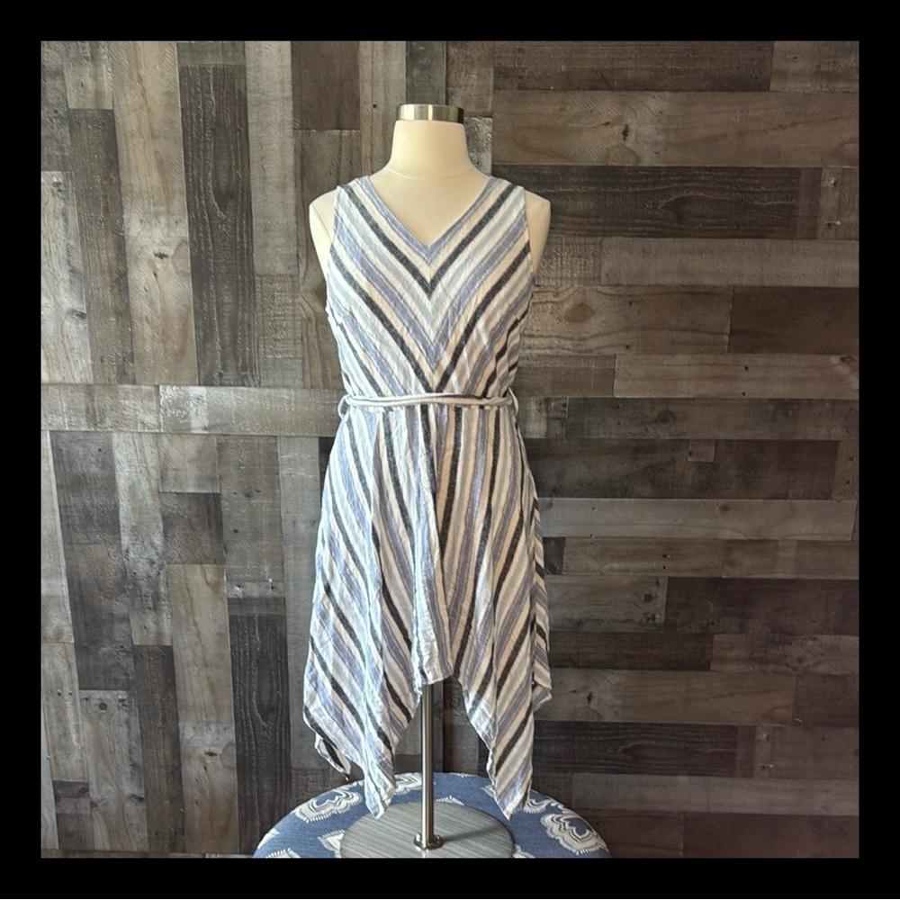 Sharagano v-neck midi dress size 16 pastel stripes linen garden party summer